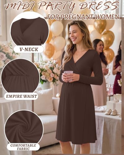 Locoowai Maternity Wrap Long Sleeve Dress V Neck Fall Dress - color: Brown, size: Large