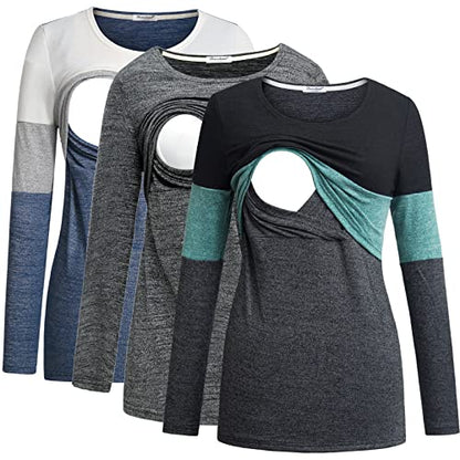 Bearsland Women's 3 Packs Maternity Clothes Long Sleeves Breastfeeding Shirts Nursing Top - color: Gryblk+ltblue+blkgrn(3pack), size: Medium