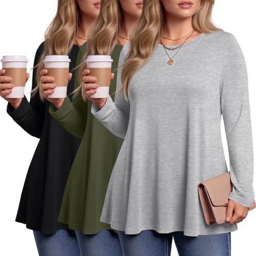 Evervibe 3 Pack Womens Plus Size Tunic Tops - color: Black, Army Green, Light Gray, size: 3X-Large