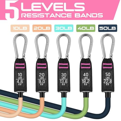 Resistance Bands with Handles, 5 Level Exercise Bands, 150LBS Workout Bands - color: ‎Light yellow, Khaki, Blue, Green, Navy blue, size: 51.0 inch