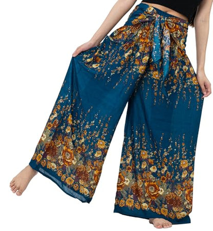 B BANGKOK PANTS Women's Boho Palazzo Pants - color: Green Flowers, size: One Size
