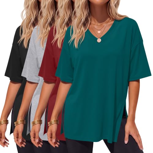 4 Pack Women's Oversized V Neck Shirts - color: Black, Gray, Wine Red, Dark Teal, size: X-Large