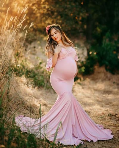 Saslax Off Shoulder Ruffle Sleeves Elegant Fitted Maxi Maternity Dress for Photoshoot Baby Shower - color: Pink, size: Medium