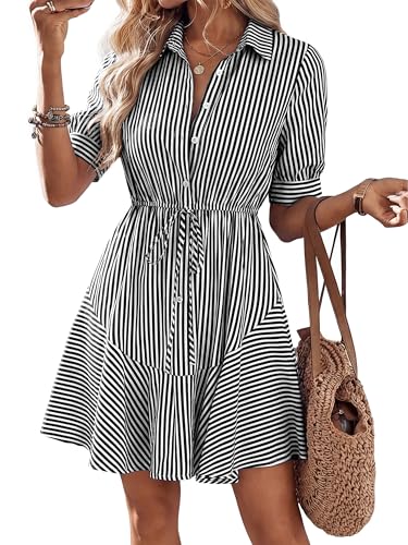 MASCOMODA Womens Striped Mini Summer Dress Button Work Dresses - color: Striped Black White, size: X-Large