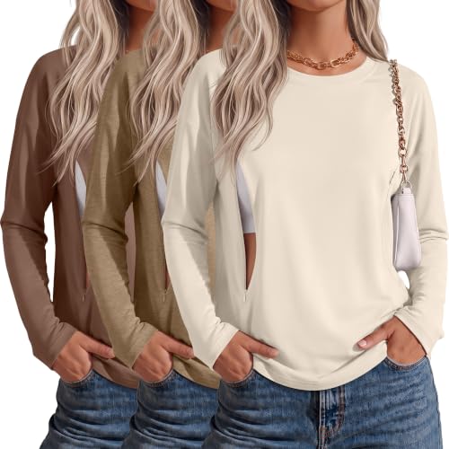 Riyiper 3 Pack Women's Nursing Shirts with Hidden Zippers - color: Cream, Khaki, Coffee, size: Medium