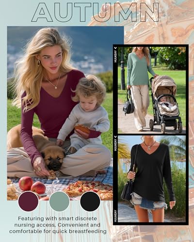 Huukeay 3 Pack Maternity Nursing Tops Breastfeeding Shirts - color: Black, Gray Green, Burgundy, size: Large