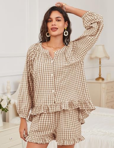 COZYPOIN Womens Gingham Pajama Set 2 Piece 100% Cotton Ruffle Lounge Set - color: Brown, size: Medium