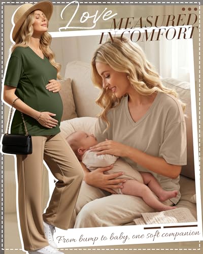 4 Pack Women's Oversize Nursing Tops - color: Army Green, Khaki, White, Black, size: X-Large