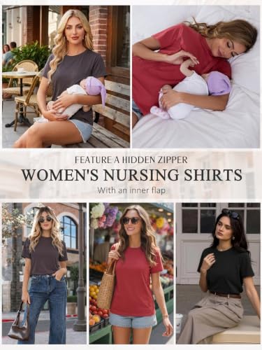 Ecavus 3 Pack Nursing Shirts for Breastfeeding, Hidden Zippers Nursing Tops - color: Black/Charcoal/Red Wood, size: Small