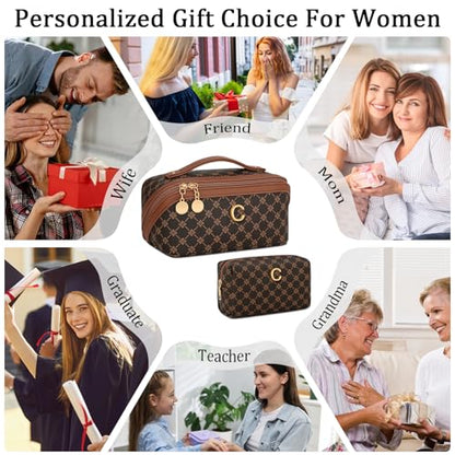 Initial Makeup Bag Personalized Gift for Women Teen Girls - color: Coffee, style: C