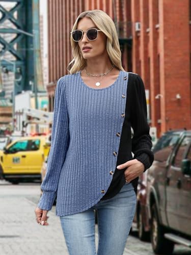MixShe Womens Knit Sweaters 2026 Fall Winter Casual Long Sleeve Ribbed Colorblock Button Pullover Tops - color: Dusty Blue, size: X-Large