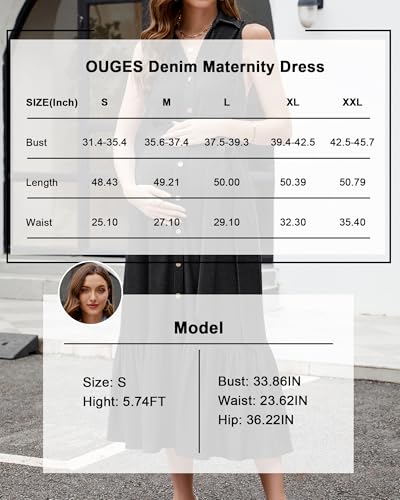OUGES Womens 2025 Spring Maternity Dress Polo V Neck Sleeveless Ruffle Button Pregnancy Casual Work Dress with Pockets - color: Black, size: XX-Large