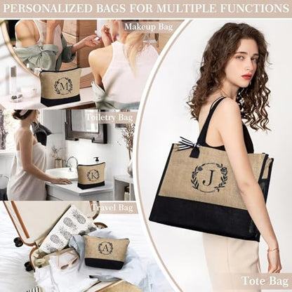 YOOLIFE Personalized Gifts for Women Initial Jute Tote Bag Makeup Bag - color: T