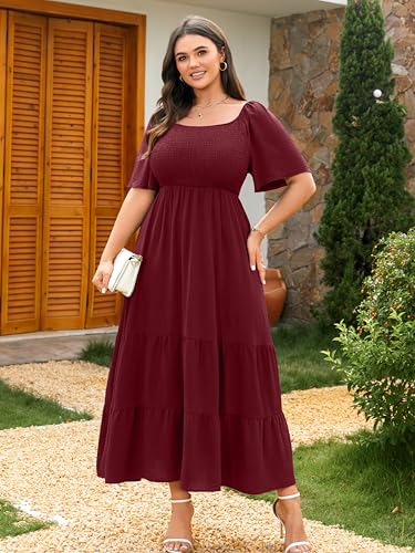 RWJ Women's Plus Size Summer Dresses Short Sleeve Smocked Boho Maxi Dress - color: Burgundy, size: Large Plus
