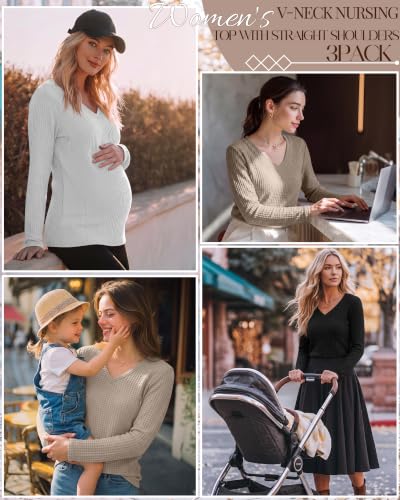Huukeay 3 Pack Women's Long Sleeve Nursing Breastfeeding Shirts - color: Khaki, White, Black, size: XX-Large