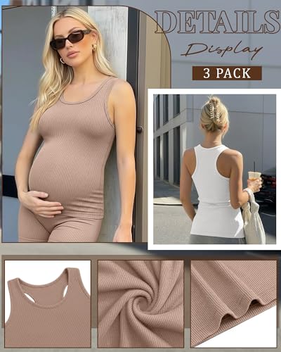Locoowai 3 Pack Women's Maternity Tank Tops - color: Khaki, White, Black, size: Medium