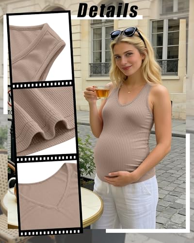3 Pack Maternity Tank Tops Ribbed V Neck - color: Cream, Khaki, Coffee, size: Small