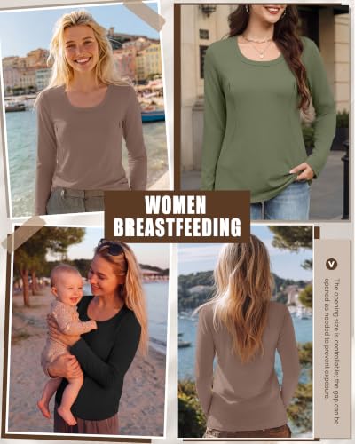 3 Pack Women's Long Sleeve Nursing Tops - color: Army Green, Light Brown, Black, size: Medium