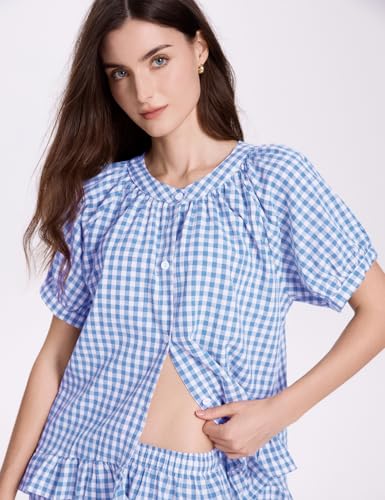 COZYPOIN 100% Cotton Pajamas for Women Set Cute Gingham Lounge Set - color: Blue, size: X-Small