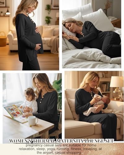 2 Piece Thermal Maternity Lounge Set - color: Black, size: X-Large