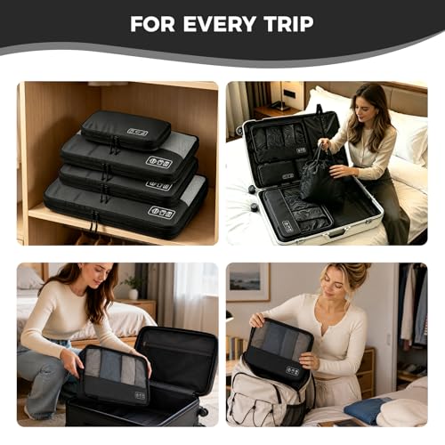 Compression Packing Cubes for Travel, 8-Piece Luggage Organizers Space-Save - color: Black-8 Set