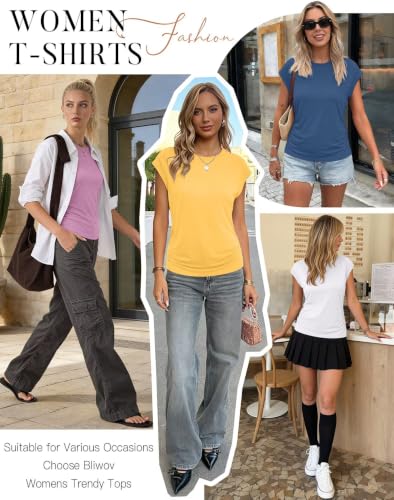 Bliwov Womens Summer Tops Cap Sleeve Crew Neck Casual T Shirts - color: Yellow, size: Medium