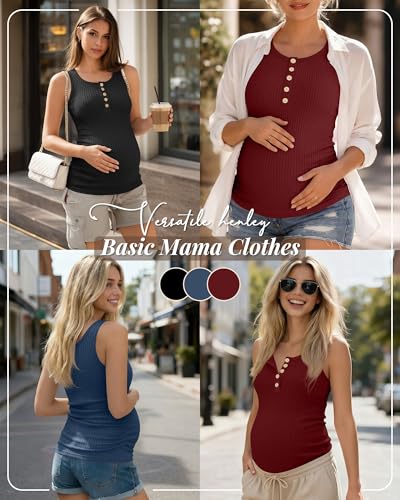 3 Pack Maternity Tank Tops Ribbed Tops - color: Wine Red, Navy Blue, Black, size: X-Large