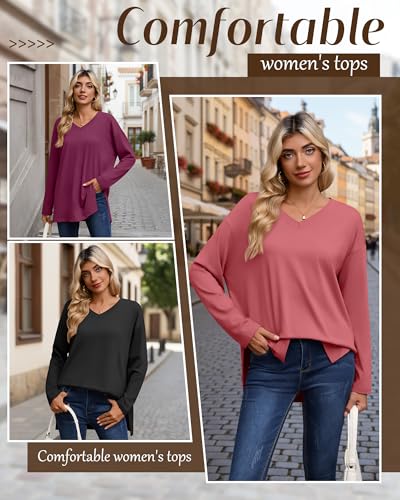 Huukeay 3 Pack Women's Oversized Long Sleeve V Neck Shirts - color: Black, Navy Blue, Fuchsia, size: Medium