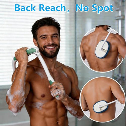 Back Scrubber for Shower, Full Body Shower Brush for Body, L-Shaped Foldable Long Handle, 2-in-1 Dual Purpose Back Scrubber, Suitable for The Elderly & Sensitive Skin - color: Blue+white