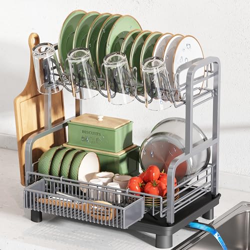 BOOSINY 2 Tier Stainless Steel Dish Drying Rack for Kitchen Counter - color: Silver, size: 10.8" D x 14.7" W x 15.9" H