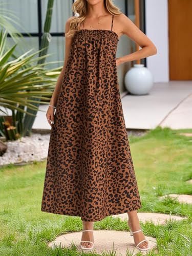Wenrine Womens Polka Dot Maxi Dress Spaghetti Strap Long Summer Dresses - color: Leopard, size: Small