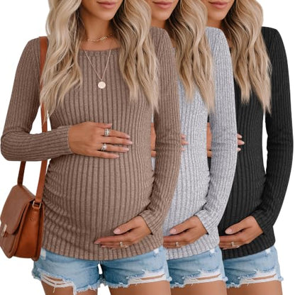 3 Pack Maternity Sweaters Long Sleeve Pregnancy Tops - color: Coffee, Light Gray, Black, size: Small