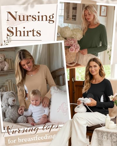 Oakgarden 4 Pack Women Cotton Nursing Tops for Breastfeeding - color: Khaki, Army Green, White, Black, size: X-Large