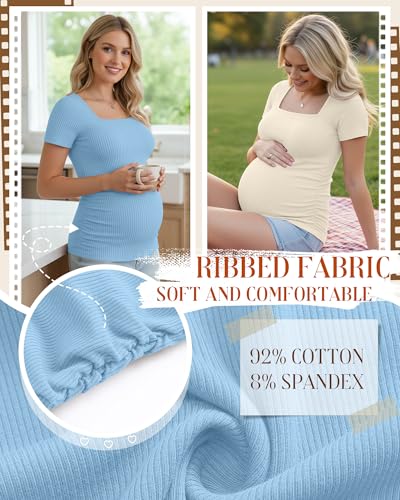 Huukeay 4 Pack Women's Short Sleeve Maternity Shirts - color: Light Khaki, Dark Khaki, Cream, Light Blue, size: XX-Large