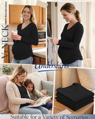 3 Pack Women Maternity Shirts Scrub Tops Side Ruched - color: Black, Black, Black, size: Small