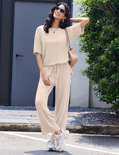 Ekouaer Lounge Sets for Women Soft Comfy Pajama Set 2 Piece Outfits - color: Beige, size: Medium