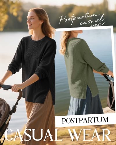 3 Pack Women's Maternity Waffle Knit Shirts - color: Army Green, Light Grey, Black, size: Small
