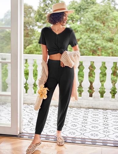 Ekouaer Pajama Sets for Womens 2 Piece Jogger Pants Lounge Set - color: Black, size: XX-Large