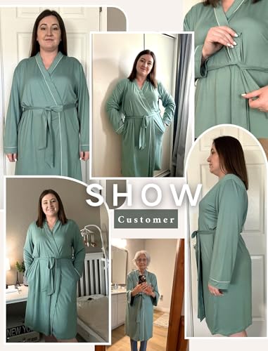 Ekouaer Plus Size Robes for Women Soft Bathrobe V Neck Soft Maternity Robe - color: Gray Green, size: 1X