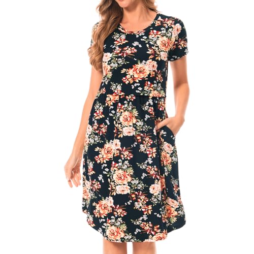 Bearsland Women's Short Sleeves Maternity Dress Nursing Breastfeeding Dresses with Pockets - color: Blackgreenflower, size: Small