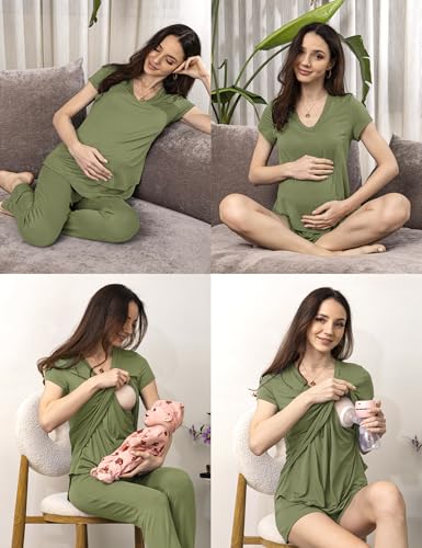 SUNNYBUY 3 PCS Maternity Breastfeeding Pajamas Set with Hidden Nursing Top - color: Army Green, size: Large