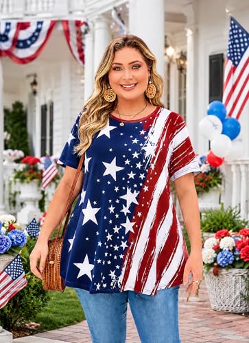 Womens Plus Size Tunic Tops Swing Summer Casual Flowy Blouses - color: American Flag Tops Navy Red, size: X-Large