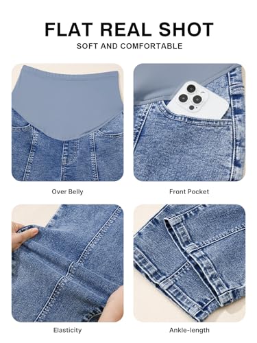 BLENCOT Maternity Jeans Over Belly Baggy Leg Ankle Stretchy Pregnancy Pants - color: Dusk Blue, size: Large