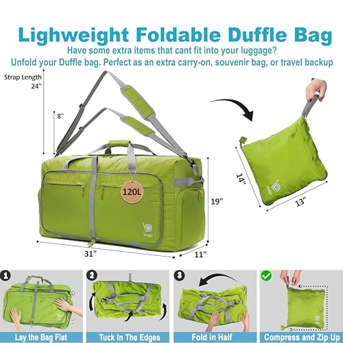 Bago Travel Duffle Bag for Women & Men. Extra Large Foldable Duffel Bags - color: Green, size: 120L