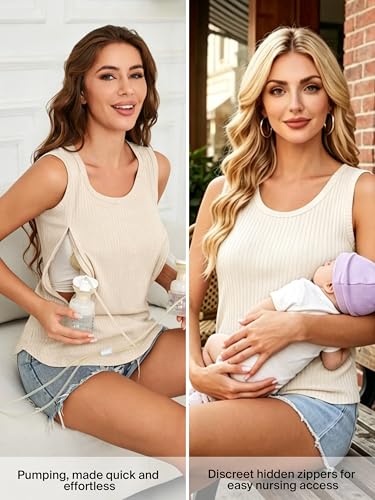 Ecavus Nursing Tank Tops for Breastfeeding, Ribbed Shirt with Hidden Zipper - color: Black+green+apricot, size: Small