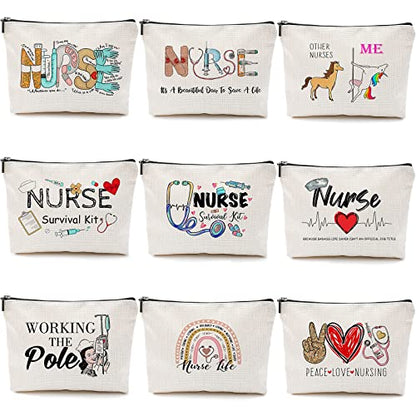 Pinkunn 9 Pcs Nurse Makeup Bags Gifts for Nurses Cosmetic Bag Zipper