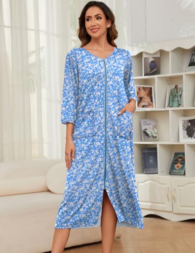 Bloggerlove Women's Zipper Robe with Pockets, Long Housecoat for Women - color: Blue Flower, size: Medium