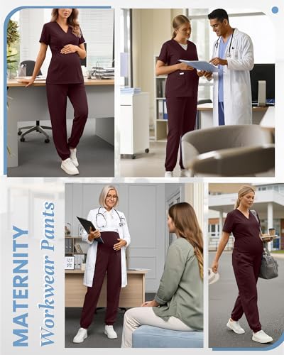 Women's Maternity Scrub Pants Pregnancy Scrub - color: Burgundy, size: XX-Large