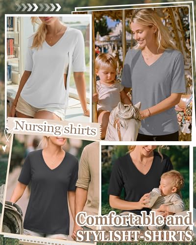 4 Pack Women Nursing Shirts Breastfeeding Tops - color: White, Light Gray, Dark Gray, Black, size: Large
