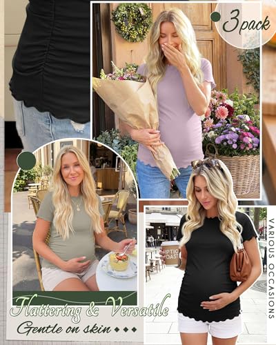 Xaatren 3 Pack Women's Maternity Short Sleeve Shirts - color: Cement Gray, Gray Purple, Black, size: Large